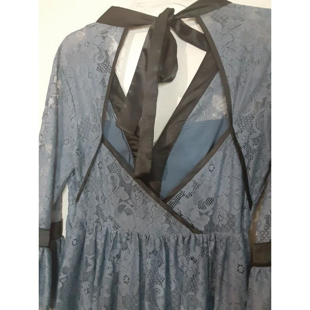 Free People Gilded Lace Victorian Mini Dress Dusty Blue Small P